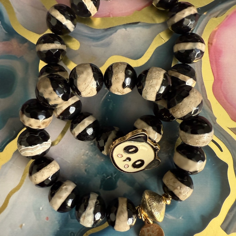 Black and Cream Beaded Bracelet with Panda Charm